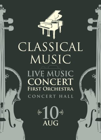 Plakat für ein Konzert klassischer Musik im Vintage-Stil. Vector Werbeplakat, Banner, Flyer, Einladung oder Eintrittskarte mit Flügel und Geigen auf schwarzem Hintergrund