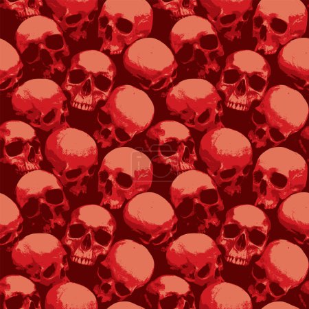 Seamless pattern with sinister red skulls looking out of the dark. Vector background with human skulls and blood drips in grunge style. Graphic print for wallpaper, wrapping paper, fabric, clothing