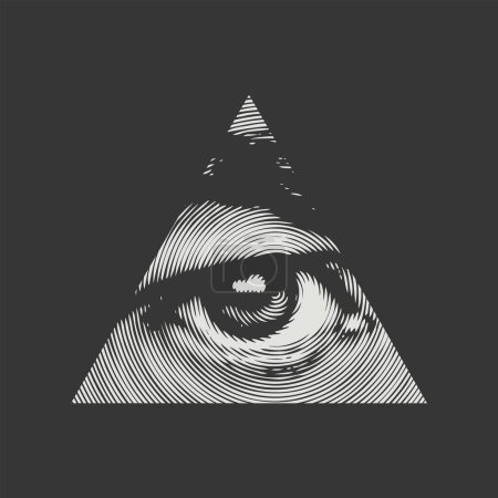 The eye of Providence in a triangular pyramid. Monochrome icon of the Masonic sign of the All-Seeing Eye of God on black background. Vector banner in vintage style