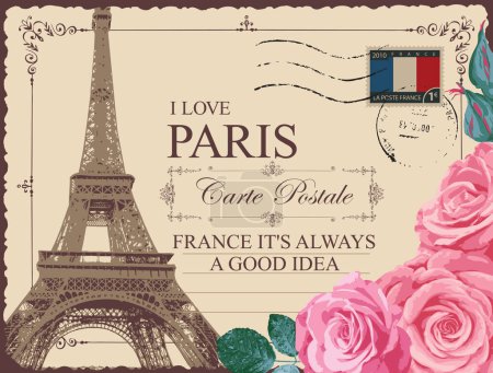 Retro postcard with Eiffel tower in Paris, France. Romantic vector postcard in vintage style with pink roses, rubber stamp and words I love Paris on background of old paper