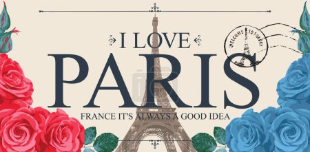 Retro postcard with Eiffel tower in Paris, France. Romantic vector postcard in vintage style with color france flag roses, rubber stamp and words I love Paris on background of old paper
