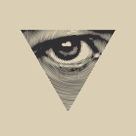 The eye of Providence in a triangular pyramid. Monochrome icon of the Masonic sign of the All-Seeing Eye of God on white background. Vector banner in vintage style
