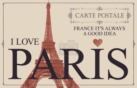 Retro postcard with the famous french Eiffel tower in Paris, France. Vector postcard in vintage style with words I love Paris, french landmark and sign heart