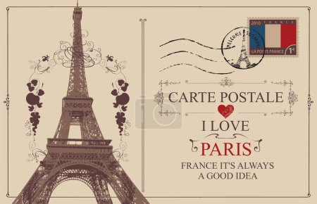 Retro postcard with Eiffel tower in Paris, France. Romantic vector postcard in vintage style with rubber stamp, postal stamps and words I love Paris on background of old paper