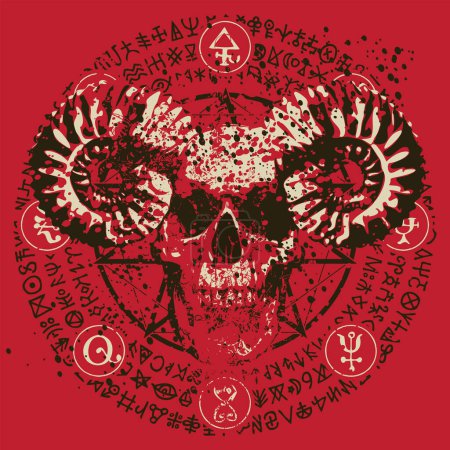 Ilustración vectorial con cráneo de personas con cuernos, manchas de sangre, signos de pentagrama, ocultismo y brujería en estilo grunge. El símbolo del Satanismo Baphomet y las runas mágicas escritas en círculo