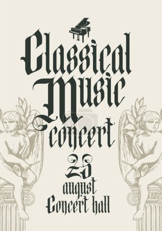 Vektor-Plakat für ein Konzert klassischer Musik mit Flügel und Konturzeichnungen von Engeln im Retro-Gotik-Stil. Geeignet für Flyer, Einladungen, Spielzettel, Webdesign