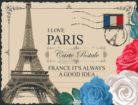 Retro postcard with Eiffel tower in Paris, France. Romantic vector postcard in vintage style with color france flag roses and words I love Paris on background of old paper