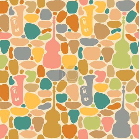 vector abstract Bright seamless pattern texture with colored shapes and silhouettes of musical instruments double bass and trumpet. Suitable for Wallpaper, wrapping paper, background, fabric or textil