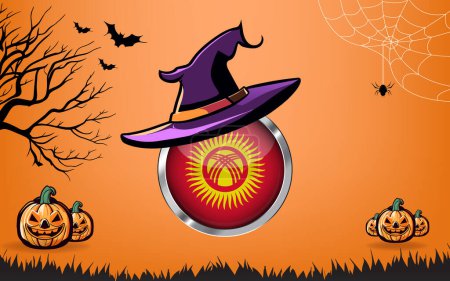 Téléchargez les illustrations : Drapeau rond du Kirghizistan avec bannière Happy Halloween ou fond d'invitation de fête. chauves-souris, araignées et citrouilles, fond orange - en licence libre de droit