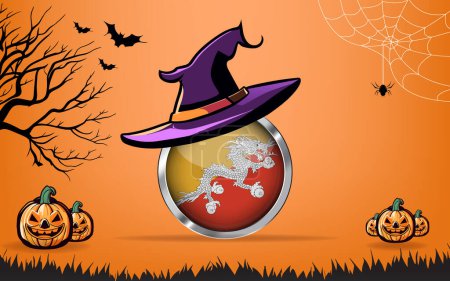 Illustration for Bhutan round flag with Happy Halloween banner or party invitation background. bats, spiders and pumpkins, orange background - Royalty Free Image