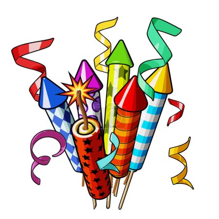 Firecrackers and rockets for fireworks with falling confetti. Vector illustration on white background