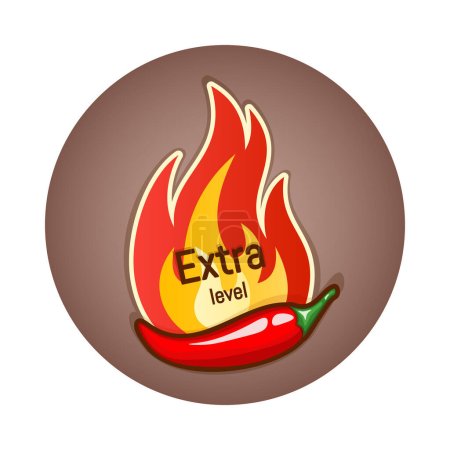 Red hot chili pepper pod and fire flame, badge or logo design. Extra spiciness level. Vector illustration