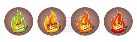 Téléchargez les illustrations : Set of badges with chilli peppers and different spiciness levels. Badge or logo design. Vector illustration - en licence libre de droit