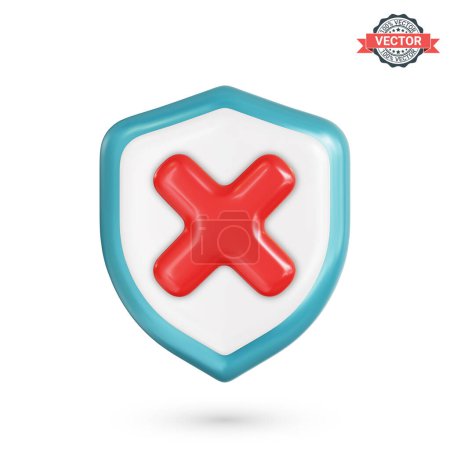 Illustration for Incorrect sign or wrong mark icon. Shield shape with red cross. Realistic 3D vector illustration on white background - Royalty Free Image