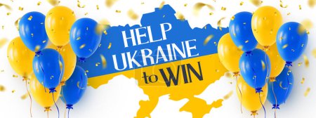 Illustration for Help Ukraine to Win text on the map of Ukraine and two bunches of helium balloons on the sides. Banner in support of Ukraine, help win the liberation war. Realistic 3D vector illustration - Royalty Free Image