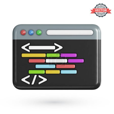 Illustration for Program code development icon. Web coding or website programming concept. Web browser window or IDE application with a dark theme and source code displayed in it. Realistic 3D vector illustration - Royalty Free Image