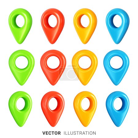 Ilustración de Conjunto de iconos de geo tag, geolocalización o pin de mapa en diferentes colores, vista frontal y de tres cuartos. Conjunto de iconos vectoriales 3D realistas aislados sobre un fondo blanco - Imagen libre de derechos