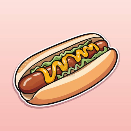 Hot Dog mit Wurst, Senf, Ketchup und Salat. Farbvektorillustration im Cartoon-Stil auf sanftem rosa Hintergrund