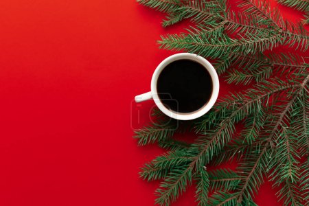 Photo for Cup of coffee on red holidays background. Christmas mood background - Royalty Free Image