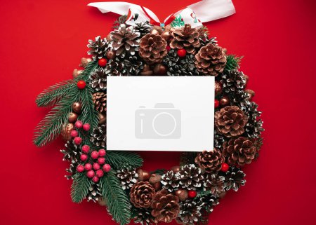 Photo for Christmas wreath with bright shiny decorations on wooden background - Royalty Free Image