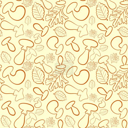 Autumn themed seamless pattern depicted in warm autumn colors. Mushrooms and leaves.