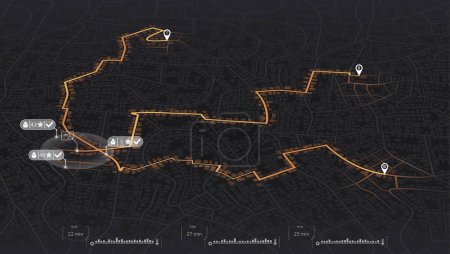 Illustration for Pick up taxi. 3 paths. Gps map navigation to own house. Detailed view of city. Passenger location sharing for driver - Royalty Free Image