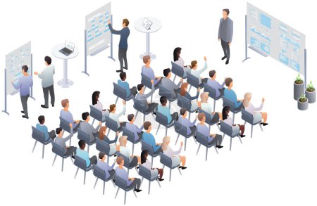 Photo for Business conference, presentation, speech. Teamwork set with business presentation conference coworking workplace brainstorming and discussion isolated. Indicators and schedules process, coaching. Meeting in conference hall. Vector isometric, 3d, ill - Royalty Free Image