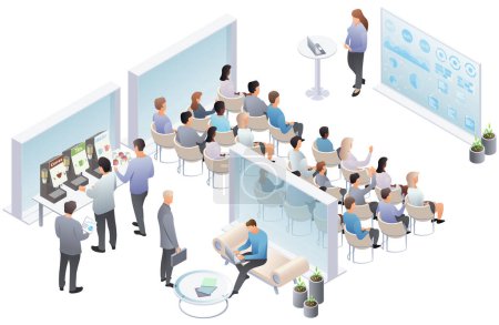 Photo for Business conference, presentation, speech. Teamwork set with business presentation conference coworking workplace brainstorming and discussion isolated. Indicators and schedules process, coaching. Meeting in conference hall. Vector isometric, 3d, ill - Royalty Free Image