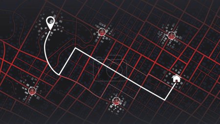 Illustration for Gps map navigation to own house. Closed area, district, road. Detailed view of city from above. City top view. Red Sign - Royalty Free Image
