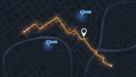 Illustration for City street road. City streets and blocks, route distance data, path turns and destination tag or mark. Huge city top view. Location tracks dashboard. Vector, illustration. Abstract transportation background. - Royalty Free Image