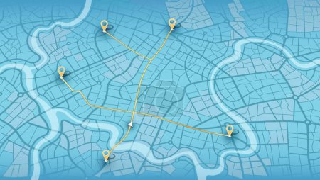 Illustration for City street road. City streets and blocks, route distance data, path turns and destination tag or mark. Huge city top view. Location tracks dashboard. Vector, illustration. Abstract transportation background. - Royalty Free Image