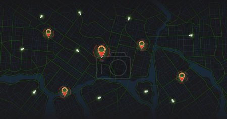 Photo for Gps tracking map. Track navigation pins on street maps, navigate mapping technology and locate position pin. Futuristic travel gps map or location navigator vector illustration. Huge city top view. Streets and blocks, route for movement on the street - Royalty Free Image