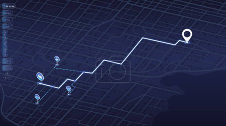 Alternativer Transport mit Ortungssystem. GPS-Navigationsbildschirm. Fragmente der Stadt. Ein abstrakter Navigationsplan markiert POI einschließlich Stadtstraßen, Häuserblocks. Editierbare Vektorabbildung.