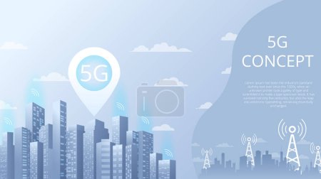 Abstract background cityscape with Signal tower of 5G signal. Networks to distribute fast signals on area. Wireless network communication on map of city. Editable vector illustration