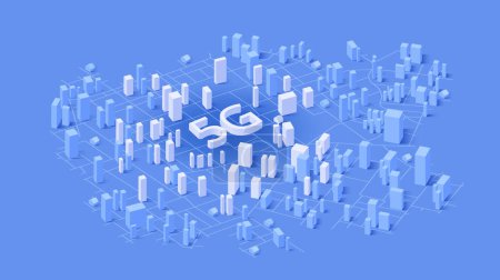 The Signal tower of 5G signal on abstract isometric 3d cityscape. Networks to distribute fast signals on area. Wireless network communication on map of city. Vector illustration.