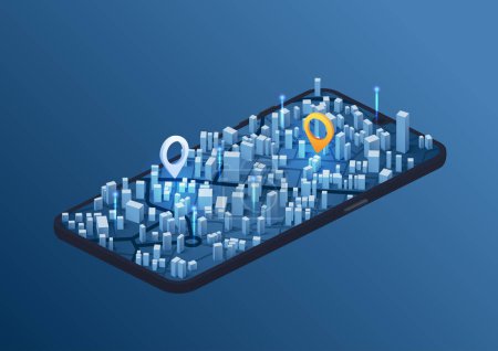Illustration for Isometric generic city map with signs. Abstract navigation plan of urban area with POI on it. Simple scheme of world with city. Point of intended goal, many markers. City streets and blocks, route destination tag or mark. Huge city top view. Colored - Royalty Free Image