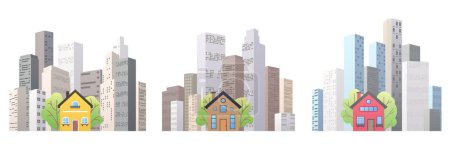 Illustration for City posters set. Building for rent or sale. Options concept for leasing or selling commercial properties. Houses at metropolis and architecture, modern high rise skyscrapers. Vector illustration - Royalty Free Image