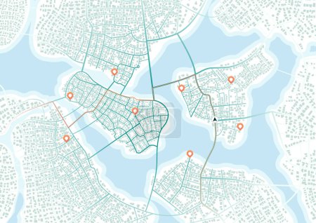 Hervorgehobene Route mit mehreren Alternativen auf einem Stadtplan für Projekte im Zusammenhang mit Führungen, Routen und Routenplanung