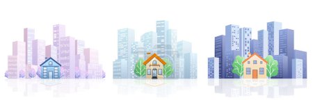 Illustration for City posters set. Building for rent or sale. Options concept for leasing or selling commercial properties. Houses at - Royalty Free Image