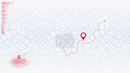 Illustration for GPS navigator screen with signs of streets. Rout, location marked with pin on city map. Navigation pin. Generic city map - Royalty Free Image