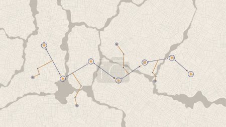 Mapa de la ciudad con signos direccionales, un punto de meta previsto y múltiples marcadores. Un plan de navegación abstracto