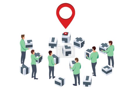 Photo for Men create new route. GPS tracking system navigation. Red marker or pin on one of the boxes as a goal is located near 3d - Royalty Free Image