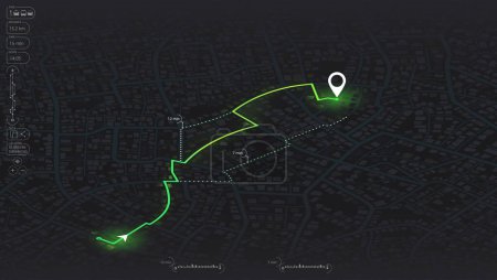 Navigationssystem, das die laufende Ortungsnavigation auf den Straßen zeigt. Navigationsstift auf Straßenkarten verfolgen, navigieren