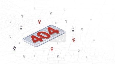 404 error with maps navigation with red color point markers. Navigation system broke. Vector illustration on white