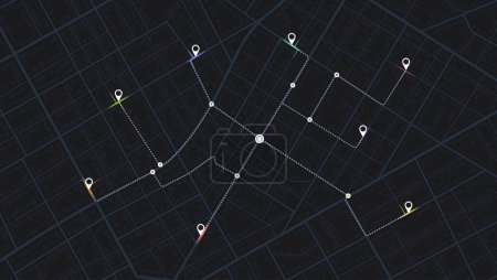 Rout, emplacement marqué d'une épingle sur la carte de la ville. Broche de navigation. Carte de ville générique avec des signes de rues, de routes et de maisons