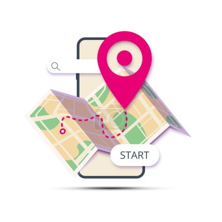 Illustration for Location with GPS map. Smartphone with pin marker on paper map of city with parks, roads and button. Vector illustration - Royalty Free Image