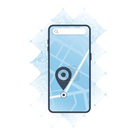 Ilustración de Aplicación móvil online para la navegación. Smartphone, carretera en la pantalla y pin grande. Ubicación con mapa GPS. Vector - Imagen libre de derechos