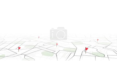 Navigationskonzept mit Pinzeigern. Standort-Pin auf dem perspektivischen Stadtplan. Vektorabbildung auf weißem Hintergrund.