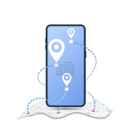 Ilustración de Ubicación con mapa GPS. Smartphone con marcador de pines en mapa de papel de la ciudad con parques, carreteras y pequeños pines de otro - Imagen libre de derechos
