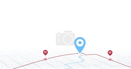 Rout, Standort mit Pin auf Stadtplan markiert. Geschlossene Kurven der Route., Bezirk, Straße. GPS-Navigationsbildschirm mit Schildern